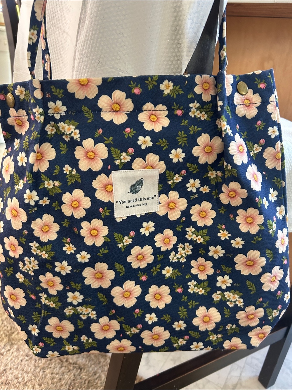 Navy Floral Canvas Tote Bag with Pink Blossoms